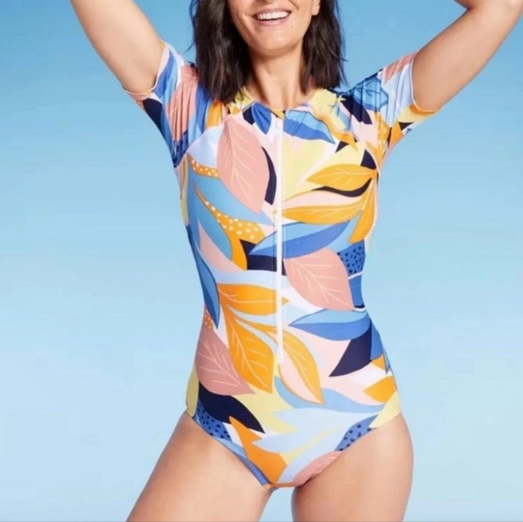 Kona Sol- Women's One Piece Colorful Leaf Print Swimsuit Size 12-14 Large - Picture 1 of 10